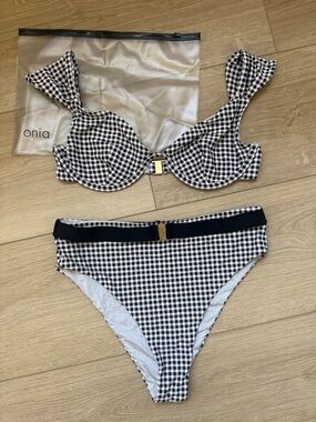 Onia Black & White Gingham Two Piece Bikini with Gold Front Clasp